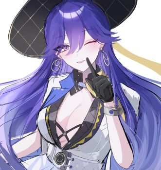 1girl black_dress black_gloves black_hat bracelet breasts cleavage commentary_request cross-laced_clothes dress earrings gloves gradient_hair hair_between_eyes hand_up hat highres jacket jewelry large_breasts long_hair looking_at_viewer lucilla_(wuthering_waves) mole mole_under_eye multicolored_hair one_eye_closed parted_lips purple_eyes purple_hair smile solo soyogi_nrso thighlet thighs white_jacket wuthering_waves