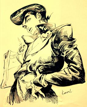 1boy bag commentary english_commentary from_below gakuran greyscale higashikata_josuke highres holding holding_bag jojo_no_kimyou_na_bouken kotteri looking_at_viewer male_focus monochrome pompadour profile school_uniform simple_background solo thick_eyebrows upper_body
