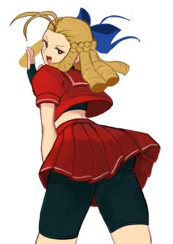 1girl ahoge bike_shorts black_shorts blonde_hair blue_bow bow capcom cowboy_shot drill_hair fingerless_gloves gloves highres kanzuki_karin looking_back red_shirt red_skirt school_uniform shirt shorts skirt solo street_fighter street_fighter_zero_(series) tikuwabu_33 white_background