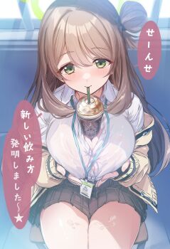 1girl black_gloves black_skirt blue_archive blush breasts brown_hair bubble_tea_challenge closed_mouth coffee cutlass_(classic_chocolate) drinking_straw drinking_straw_in_mouth fingerless_gloves gloves green_eyes green_halo hair_between_eyes hair_bun halo highres id_card jacket large_breasts long_hair no_bra nonomi_(blue_archive) open_clothes open_jacket shirt single_side_bun skirt smile solo white_shirt yellow_jacket