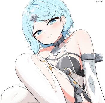 1girl bare_shoulders blue_eyes blue_hair blush breasts character_name cleavage closed_mouth clothing_cutout collarbone dress elbow_gloves flower_hairpin gloves hair_ornament hairpin half-closed_eyes knees_up looking_at_viewer pants see-through_dress_layer seed_(zenless_zone_zero) simple_background small_breasts smile solo tagyeokgam thigh_cutout white_background white_dress white_gloves white_pants zenless_zone_zero