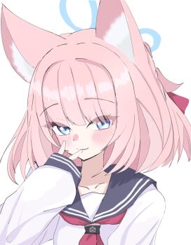 1girl animal_ear_fluff animal_ears black_sailor_collar blue_archive blue_eyes blue_halo blunt_bangs blush closed_mouth collarbone commentary_request eyes_visible_through_hair fox_ears fox_girl hair_between_eyes halo hand_up highres looking_at_viewer medium_hair molt_next_dmp neckerchief niko_(blue_archive) red_neckerchief sailor_collar school_uniform serafuku shirt simple_background sleeves_past_wrists smile solo upper_body v v_over_mouth white_background white_shirt