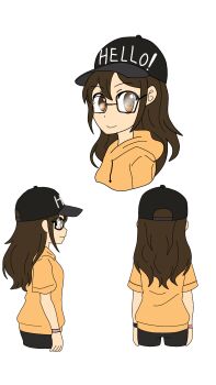 Rule 34 | 1girl, arms at sides, baseball cap, bike shorts, black-framed eyewear, black shorts, breasts, brown eyes, brown hair, character request, eyelashes, f20000, female focus, from behind, from side, glasses, hair between eyes, hat, highres, hood, hoodie, long hair, looking at viewer, looking to the side, matching hair/eyes, neck, orange hoodie, original, print headwear, reference sheet, short shorts, short sleeves, shorts, sidelocks, simple background, small breasts, smile, standing, upper body, wavy hair, white background, wristband
