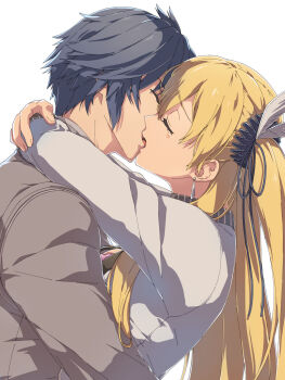 Rule 34 | 1boy, 1girl, alisa reinford, blonde hair, blue hair, chiharu (9654784), closed eyes, coat, commentary request, couple, earrings, eiyuu densetsu, french kiss, grey coat, hair between eyes, hetero, highres, hug, jacket, jewelry, kai no kiseki, kiss, kuro no kiseki (series), long hair, one side up, rean schwarzer, short hair, simple background, teardrop earrings, white background, white jacket