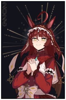 1girl 2026 ahoge animal_ears blunt_bangs blunt_ends commentary_request dress floral_print_collar formicid frilled_hairband frilled_veil frills hairband highres horse_ears horse_girl interlocked_fingers korean_commentary layered_hair long_hair looking_at_viewer red_desire_(umamusume) smile solo umamusume upper_body veil yellow_eyes