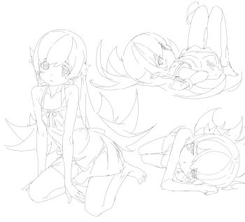 1girl absurdres all_fours apron back_bow bare_arms bare_legs barefoot blush_stickers bow bow_apron bracelet closed_mouth collarbone expressionless feet flipped_hair from_behind from_below full_body hair_between_eyes hair_flaps hair_spread_out half-closed_eyes halterneck hands_on_floor head_on_hand heel_up highres jewelry kneeling knees_up leg_up legs_together long_hair looking_at_viewer looking_back lying monogatari_(series) multiple_views on_back oshino_shinobu pointy_ears ringed_eyes shishirui_san sidelocks simple_background skirt sleeveless very_long_hair waist_bow white_background