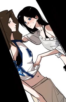 2girls aespa black_bra blue_eyes blush bra brown_eyes brown_hair chinese_commentary closed_mouth clothes_lift commentary_request highres k-pop karina_(aespa) midriff multiple_girls real_life shirt shirt_lift sweat underwear white_background white_shirt winter_(aespa) yitouyouyu yuri