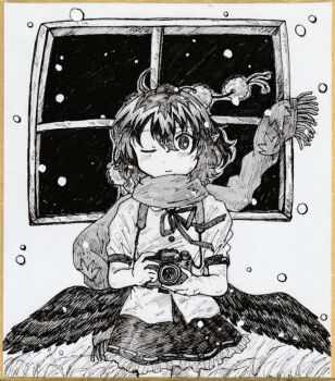1girl camera commentary_request dade_ne feathered_wings greyscale hat highres holding holding_camera medium_hair monochrome one_eye_closed photo_(medium) pointy_ears pom_pom_(clothes) scarf shameimaru_aya short_sleeves sketch snowing solo tokin_hat touhou wings