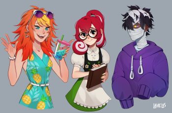 Rule 34 | 1boy, 2girls, :>, absurdres, animal crossing, animal crossing: new horizons, apron, aqua dress, aqua eyes, artist name, audie (animal crossing), bandaged head, bandages, black eyes, black hair, blonde hair, book, bracelet, breasts, bubble tea, collared shirt, cowboy shot, cropped legs, double-parted bangs, drawstring, dress, drink, drinking straw, ear piercing, earrings, eyewear on head, glasses, glowing, glowing eye, gradient hair, green skirt, grey background, hair over one eye, hands up, highres, holding, holding book, holding drink, hood, hoodie, humanization, jewelry, lavelis, layered clothes, lucky (animal crossing), medium breasts, messy hair, multicolored hair, multiple girls, nintendo, open mouth, orange hair, pearl bracelet, piercing, pineapple print, ponytail, poppy (animal crossing), puffy short sleeves, puffy sleeves, purple-tinted eyewear, purple hoodie, red hair, round eyewear, shirt, short hair, short sleeves, simple background, skirt, sleeves past fingers, sleeves past wrists, smile, star (symbol), star earrings, streaked hair, sunglasses, tinted eyewear, two-tone hair, waist apron, white-framed eyewear, white hair, wing collar, yellow eyes