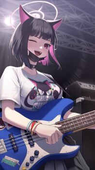 1girl absurdres alternate_breast_size_(larger) amplifier animal_ears bass_guitar black_choker black_hair black_mask blue_archive blush bracelet breasts cat_ears cat_girl choker colored_inner_animal_ears colored_inner_hair commentary_request fender_jazz_bass halo highres holding holding_bass_guitar holding_instrument instrument jewelry kazusa_(band)_(blue_archive) kazusa_(blue_archive) large_breasts looking_at_viewer mask mask_lift mouth_mask multicolored_hair multiple_bracelets music official_alternate_costume one_eye_closed open_mouth pink_hair pink_halo playing_instrument print_shirt red_eyes revision samgong shirt short_hair smile solo stage_lights two-tone_hair white_shirt