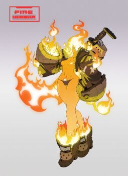 1girl arm_at_side bare_legs black_panties blue_eyes boots breasts character_name colored_skin cropped_jacket douglas_harvey elbow_pads elemental_(creature) english_text fiery_hair fiery_nipples fiery_pubic_hair fire fire_elemental firefighter flaming_foot flaming_hand flaming_sword flaming_weapon glowing gradient_background grey_background groin hand_up highres jacket legs lips looking_at_viewer navel original oversized_footwear panties patterned_background pointing pointing_up popped_collar pyrokinesis single_elbow_pad small_breasts solo strapless_bottom sword sword_on_back tape thighs torn_clothes torn_jacket underwear walking weapon weapon_on_back wide_hips wide_shot yellow_skin