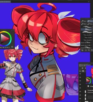 Rule 34 | 1girl, :3, ahoge, art program in frame, bags under eyes, ben sadfleck, blue background, bow, buttons, double-breasted, drill hair, from side, grey jacket, hair between eyes, hair bow, hair ribbon, jacket, kasane teto, kasane teto (sv), looking back, musical staff, musical staff print, portrait, red eyes, red hair, red trim, reference inset, ribbon, shoulder belt, shoulder boards, synthesizer v, twin drills, white bow, white ribbon