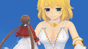 2girls 3d blonde_hair blue_eyes blue_sky breasts brown_hair commentary day did_you_want_to_talk?_(meme) english_commentary flybytails giant giantess green_eyes highres large_breasts meme multiple_girls outdoors ryoubi_(senran_kagura) ryouna_(senran_kagura) senran_kagura short_hair siblings sisters size_difference sky twins