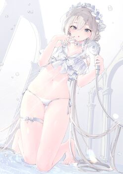 1girl absurdly_long_hair absurdres bare_shoulders barefoot blue_eyes bow bowtie choker clothing_cutout column crop_top cropped_shirt double-parted_bangs dutch_angle frilled_shirt frills full_body grey_hair hands_up highres holding holding_shower_head inubouzaki_(i_nu1515) kneeling long_hair looking_at_viewer navel no_pants original panties parted_lips pillar shirt shoulder_cutout shower_head side-tie_panties solo stomach underwear very_long_hair water white_bow white_bowtie white_choker white_headdress white_panties white_shirt