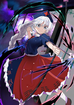Rule 34 | 1girl, absurdres, arrow (symbol), blue dress, bow (weapon), braid, commentary request, constellation print, cross, drawing bow, dress, grey eyes, grey hair, guminemi, hat, highres, holding, holding bow (weapon), holding weapon, long hair, multicolored dress, nurse cap, print dress, print hat, puffy short sleeves, puffy sleeves, red cross, red dress, short sleeves, socks, solo, touhou, two-tone dress, very long hair, weapon, white socks, yagokoro eirin