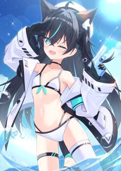 Rule 34 | 1girl, animal ears, bare shoulders, bikini, bikini day, black gloves, black hair, commentary request, day, extra ears, flat chest, gloves, green eyes, green hair, hat, highres, jacket, kunokaya, long hair, long sleeves, looking at viewer, multicolored hair, navel, off shoulder, one eye closed, open clothes, open jacket, original, outdoors, petite, sky, smile, solo, standing, stomach, swimsuit, tail, teeth, thigh strap, thighhighs, thighs, very long hair, white bikini, white hat, white jacket, white thighhighs