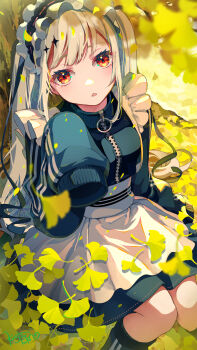 1girl autumn blonde_hair ginkgo_tree highres jersey_maid konfuzikokon long_hair looking_at_viewer maid maid_headdress orange_eyes original parted_lips sitting sleeves_past_fingers sleeves_past_wrists solo unconventional_maid