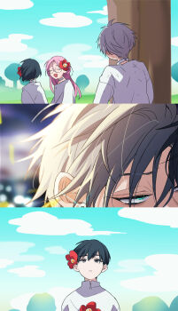 Rule 34 | 2boys, 2girls, alien stage, black hair, choker, commentary, flower, green eyes, grey hair, hair flower, hair ornament, highres, ivan (alien stage), long hair, mizi (alien stage), multiple boys, multiple girls, pink hair, red flower, sazare (sazozo0), shirt, short hair, sua (alien stage), thumbnail collage, till (alien stage), white choker, white shirt