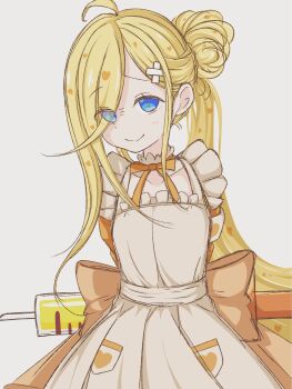 1girl ahoge apron arms_behind_back back_bow blonde_hair blue_eyes blush bow closed_mouth collarbone commentary_request dress eyes_visible_through_hair grey_background hair_bun hair_ornament hair_over_one_eye heart highres holding holding_syringe long_hair looking_at_viewer louis_arneb mo_0508 orange_bow orange_dress ponytail re:zero_kara_hajimeru_isekai_seikatsu simple_background single_hair_bun smile solo syringe very_long_hair white_apron x_hair_ornament