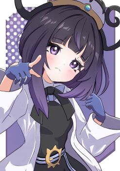 absurdres belt belt_buckle black_dress black_hair blush buckle closed_mouth coat dress frown gloves gradient_hair gwynn_(pokemon) hat highres long_sleeves looking_at_viewer multicolored_hair nintendo o-ring o-ring_belt open_clothes open_coat partially_fingerless_gloves pokemon pokemon_legends:_z-a purple_eyes purple_hair rono_(lethys) short_hair white_coat
