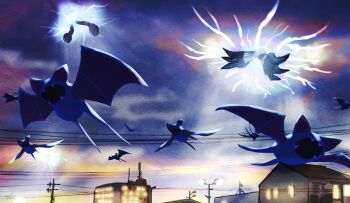 bat_(animal) building cable claws commentary_request ewokakukaede fangs flying gen_1_pokemon gen_7_pokemon guzzlord house legendary_pokemon necrozma necrozma_(normal) nintendo no_humans open_mouth outdoors pokemon pokemon_(creature) pokemon_focus portal_(object) sky ultra_beast utility_pole wormhole zubat