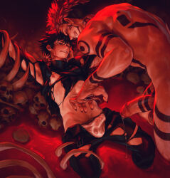 Rule 34 | 2boys, arm tattoo, armpit hair, back tattoo, belt, biceps, biting, black hair, blood, bludwing, blush, bulge, commentary, english commentary, erection, erection under clothes, evil grin, evil smile, extra eyes, foreskin, fushiguro megumi, grin, hand mouth, highres, imminent penetration, jujutsu kaisen, leg hair, leg tattoo, looking at another, male focus, male pubic hair, male underwear, multiple boys, neck biting, neck grab, neck tattoo, nipples, one eye closed, open fly, pants, penis, penis tattoo, pile of skulls, pink hair, pool of blood, precum, pubic hair, red eyes, restrained, ryoumen sukuna (jujutsu kaisen), short hair, shoulder tattoo, size difference, skull, smile, spiked hair, stomach tattoo, tattoo, tentacles, tongue, tongue out, torn clothes, torn pants, translucent, underwear, yaoi