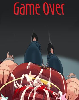 Rule 34 | 1boy, 1girl, bad end, breasts, captain kirb, clothed female nude male, cum, cum on body, cum on breasts, cum on clothes, cum on hair, cum on legs, cum on lower body, cum on upper body, grabbing another's arm, grabbing from behind, huge breasts, lying, medium hair, nude, ranma-chan, ranma 1/2, red hair, saotome ranma