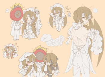 Rule 34 | 1other, 2boys, ?, absurdres, alternate costume, antennae, arthropod boy, arthropod limbs, ascot, ass, back, back bow, backless bodysuit, backless outfit, bandage on face, bandage over one eye, bandaged head, bandages, bare shoulders, beard stubble, belt, black bow, black capelet, black fire, black gloves, black leotard, black ribbon, black strap, black thigh strap, black thighhighs, blood, blood on clothes, blood on face, blood on hands, blood stain, blush, bodysuit, bow, bridal veil, bride, brooch, brown eyes, brown hair, capelet, chibi, chibi inset, choker, clock, closed eyes, closed mouth, coat, cockroach boy, collar, collared shirt, crossdressing, dante (limbus company), detached sleeves, dress, dual persona, facial hair, fang, fire, flower, flying sweatdrops, formal clothes, frilled capelet, frilled sleeves, frilled veil, frills, from behind, g corp. (identity) (project moon), garter straps, gloves, gregor (project moon), hair between eyes, hair bow, hair flower, hair ornament, hair over shoulder, hair ribbon, heart, highres, holding hands, husband and husband, insect wings, jewelry, lace-up top, lapels, leg ribbon, legs together, leotard, lily26983455, limbus company, long coat, long hair, long sleeves, long veil, looking at another, looking back, looking down, looking up, low ponytail, male bride, male focus, monster boy, multiple boys, multiple views, neck ribbon, necktie, notched lapels, object head, one eye covered, open mouth, pants, ponytail, project moon, ribbon, rose, shirt, shit, shoes, simple background, skin fang, speech bubble, spider lily, spoken flying sweatdrops, spoken heart, standing, strapless bodysuit, stubble, suit, thigh ribbon, thigh strap, thighhighs, tuxedo, veil, wedding, wedding dress, white ascot, white belt, white bodysuit, white bow, white coat, white flower, white pants, white ribbon, white rose, white shirt, white shoes, white sleeves, white spider lily, white suit, white veil, wings, yaoi, yellow background, yellow fire, zipper, zipper pull tab