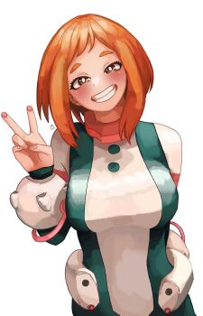 1girl belt black_bodysuit blush bodysuit boku_no_hero_academia breasts brown_hair female_focus grin looking_at_viewer medium_breasts multicolored_bodysuit pink_bodysuit sheet_ghost sidelocks smile solo superhero_costume teeth uraraka_ochako uraraka_ochako_(hero_outfit) white_bodysuit