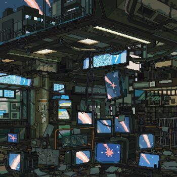 absurdly_detailed_composition animated animated_gif beer_bottle computer computer_mouse computer_tower highres indoors loaded_interior monitor no_humans original pixel_art scenery sign television vertical_monitor waneella