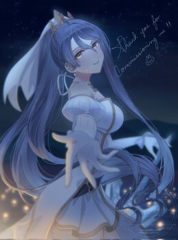 1girl angie03 bare_shoulders blue_hair breasts bridal_veil bride closed_mouth commentary commission crown detached_sleeves double-parted_bangs dress earrings eiyuu_densetsu elbow_gloves english_commentary english_text from_side gloves hair_between_eyes highres instagram_username jewelry large_breasts laura_s._arseid long_hair long_single_sidelock long_sleeves looking_at_viewer night night_sky outdoors ponytail puffy_long_sleeves puffy_sleeves sen_no_kiseki_(series) single_sidelock sky solo twitter_username upper_body veil very_long_hair vgen_commission watermark wedding_dress white_dress yellow_eyes