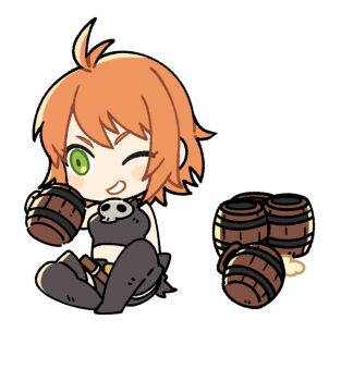 1girl alcohol artist_request bad_source bare_arms bare_shoulders beer belt black_belt black_boots black_gloves black_shirt black_shorts boots breasts chibi chibi_only crop_top cropped_shirt cup flat_color full_body gloves green_eyes holding holding_cup jewelry medium_breasts medium_hair midriff mila_nebraska necklace nexon no_nose official_art one_eye_closed orange_hair second-party_source shirt shorts sidelighting simple_background single_glove sitting skull_necklace solo tales_weaver tankard teeth thigh_boots transparent_background