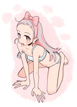 1girl absurdres all_fours bow_hairband bra breasts brown_eyes forehead hair_pulled_back hairband highres kneeling long_hair multicolored_hair onii-chan_wa_oshimai! oyama_mahiro panties pink_hair simple_background sketch small_breasts strap_slip two-tone_hair underwear white_background yana_(muuimiingan)