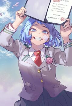 Rule 34 | 1girl, artist request, blue eyes, blue hair, boku no hero academia, female focus, hado nejire, matching hair/eyes, necktie, red necktie, solo, u.a. school uniform