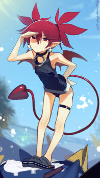 1girl :/ blue_one-piece_swimsuit blue_sky boa_(brianoa) breasts choker commentary_request crocs day demon_girl demon_tail demon_wings disgaea earrings etna_(beach)_(disgaea) etna_(disgaea) full_body highres jewelry leaning_forward looking_afar o-ring o-ring_choker one-piece_swimsuit outdoors pointy_ears prinny red_eyes red_hair red_tail red_wings shading_eyes skull_earrings sky small_breasts solo sunlight swimsuit tail twintails wings