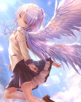 1girl angel angel_beats! angel_wings black_skirt blazer blue_sky brown_shoes cloud commentary_request day feathers feet_out_of_frame goto_p half_updo jacket loafers long_hair long_sleeves looking_at_viewer outdoors pleated_skirt school_uniform shoes skirt sky smile socks solo sun sunlight tachibana_kanade upskirt white_hair white_jacket white_socks wings yellow_eyes yellow_jacket