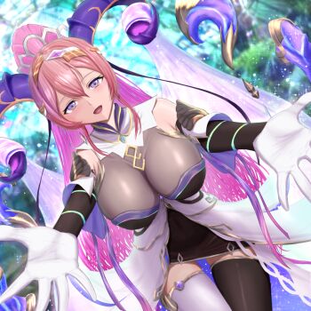 1girl bare_shoulders breasts detached_sleeves fire_emblem fire_emblem_heroes gloves goat_horns highres horns large_breasts long_hair looking_at_viewer matoimangekyo nerthuz_(fire_emblem) nintendo open_mouth outstretched_arms pink_hair ponytail purple_eyes solo thighhighs white_gloves