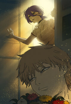 1boy 1girl black_choker bouquet brown_eyes brown_hair chainsaw_man choker denji_(chainsaw_man) doco_nimo_inai door flower green_eyes hair_between_eyes highres polo_shirt purple_hair red_flower reze_(chainsaw_man) shirt white_flower white_shirt yellow_flower