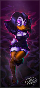 10s 14-bis 1girl 2015 abstract_background arms_behind_head artist_name beak bird black_dress black_hair breasts cleavage colored_skin disney dress duck_girl duck_tail ducktales feathers female_focus fernando_faria furry furry_female goth_fashion high_heels large_breasts looking_at_viewer magica_de_spell mickey_mouse_&amp;_friends panties personification purple_eyes shoes short_hair signature smile solo tail thighhighs underwear white_feathers wide_hips