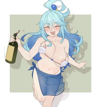 1girl alcohol alternate_breast_size_(larger) alternate_costume aqua_(konosuba) aqua_hair armpit_crease barefoot bikini blush border bottle bouncing_breasts breasts closed_eyes collarbone commentary commission english_commentary foot_out_of_frame grey_background hair_between_eyes hair_ornament hair_rings highres holding holding_bottle kono_subarashii_sekai_ni_shukufuku_wo! large_breasts long_hair motion_lines navel nipple_slip nipples shadow shell shell_bikini sidelocks sketch skindentation smile solo standing standing_on_one_leg stomach strap_slip swimsuit very_long_hair vibrantrida white_bikini white_border