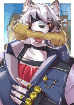 1boy bara blue_jacket blush bone border breath brown_eyes chigirimaru dog_boy fingerless_gloves fingernails furry furry_male gloves highres jacket jewelry looking_at_viewer male_focus mouth_hold one_eye_covered ring sharp_fingernails solo von_lycaon white_border zenless_zone_zero