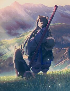 Rule 34 | 1girl, animal ears, arknights, black hair, black kimono, commentary, dog, dog ears, dog girl, dog tail, english commentary, ev-oo, facial mark, feet out of frame, forehead mark, grass, heavy breathing, highres, japanese clothes, kimono, long hair, looking at animal, mountain, mountainous horizon, naginata, open mouth, orange sky, outdoors, pants, pants rolled up, polearm, purple pants, saga (arknights), shiba inu, sky, smile, solo, tail, tongue, very long hair, weapon