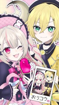 Rule 34 | 1boy, 1girl, ;d, ascot, awayukisigure, black ascot, black capelet, black hat, black ribbon, black shirt, black shorts, black sleeves, blonde hair, blunt bangs, blush, bonnet, bow, brooch, capelet, chinstrap, closed mouth, collared shirt, colored inner hair, dress, drill hair, earclip, earrings, fang, flipped hair, frilled bonnet, frilled capelet, frilled dress, frilled sleeves, frills, gradient background, green eyes, grey hair, grid background, hair between eyes, hair intakes, hair ornament, hair ribbon, hairpin, hat, heart, heart brooch, heart wand, highres, holding, holding wand, jewelry, long hair, long sleeves, magical boy, magical girl, makaino ririmu, multicolored hair, nail polish, neck ribbon, nijisanji, official alternate costume, official alternate hairstyle, one eye closed, open mouth, pink background, pink bow, pink dress, pink hair, pink nails, pink ribbon, pink streaks, polaroid photo, puffy long sleeves, puffy sleeves, red eyes, red ribbon, ribbon, shirt, short hair, shorts, sidelocks, signature, smile, standing, star-shaped pupils, star (symbol), streaked hair, symbol-shaped pupils, two-tone hair, two side up, upper body, uzuki kou, variant set, vest, virtual youtuber, waist ribbon, wand, white ribbon, winged heart, winged wand, x hair ornament, yellow background, yellow ribbon, yellow vest