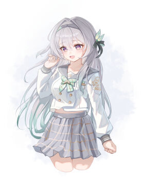 2nom_shiki belly black_ribbon blue_pupils blush bow bowtie buttons collared_shirt double-breasted firefly_(honkai:_star_rail) firefly_(spring_missive)_(honkai:_star_rail) gradient_eyes gradient_hair green_bow green_bowtie grey_hair grey_hairband grey_sailor_collar grey_skirt hair_between_eyes hair_intakes hair_ornament hair_ribbon hairband hashtag-only_commentary highres honkai:_star_rail honkai_(series) long_hair multicolored_eyes multicolored_hair open_mouth plaid_bow plaid_bowtie plaid_clothes pleated_skirt ribbon sailor_collar shirt simple_background skirt smile white_background white_shirt