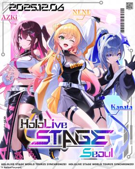 Rule 34 | 3girls, ;), ;d, absurdres, amane kanata, arm up, azki (hololive), belt, black boots, black gloves, black hair, black jacket, black leg warmers, black shirt, black shorts, black skirt, blonde hair, blue hair, boots, braid, breasts, colored inner hair, commentary request, cropped jacket, cropped shirt, double-parted bangs, double bun, gloves, gradient hair, green eyes, grey hair, hair bun, hair intakes, hair ornament, hairclip, half gloves, half up half down braid, halo, hand up, highres, hololive, hood, hood up, hooded jacket, jacket, knee boots, korean commentary, lace-up boots, large breasts, leg warmers, long hair, long sleeves, looking at viewer, medium breasts, midriff, miniskirt, mole, mole under eye, momosuzu nene, multicolored hair, multiple girls, navel, o-ring, off-shoulder shirt, off shoulder, one eye closed, open mouth, overskirt, parted lips, pink hair, pink streaks, pleated skirt, ponytail, purple eyes, see-through cleavage, see-through clothes, shirt, short ponytail, short shorts, shorts, side up bun, sidelocks, single sidelock, single thighhigh, skirt, small breasts, smile, socks, star-ring, star halo, steepled fingers, streaked hair, thigh strap, thighhighs, tilted halo, very long hair, virtual youtuber, white belt, white jacket, white shirt, white socks, white streaks