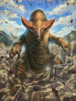 absurdres blue_sky blurry brown_scales building claws cloud cloudy_sky commentary day debris depth_of_field destruction dinosaur dust_cloud emphasis_lines feet_out_of_frame film_grain gomora highres horns kaiju light_particles long_tail looking_at_viewer monster monster_focus mountainous_horizon multiple_horns no_humans nose_horn open_mouth outdoors robuja scales sharp_teeth sky solo tail teeth tokusatsu town tree tsuburaya_productions ultra_series ultraman_(1st_series)