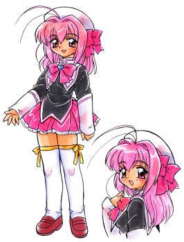 Rule 34 | 1girl, absurdres, antenna hair, arm warmers, beret, black shirt, bow, bowtie, brown shoes, commentary request, cropped torso, from side, full body, hair bow, hair intakes, hand up, hat, heart, highres, kokomahi, loafers, looking at viewer, medium hair, momo (quintet), multiple views, official art, open mouth, pink bow, pink bowtie, pink eyes, pink hair, pink skirt, pleated skirt, puritan collar, quintet (drama cd), school uniform, shirt, shoes, simple background, skirt, smile, standing, thighhighs, turning head, white arm warmers, white background, white hat, white thighhighs, yellow bow, zettai ryouiki