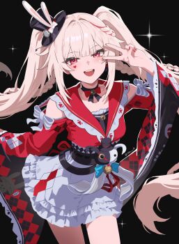 1girl absurdres bare_shoulders black_background black_hat blonde_hair breasts commentary facial_mark fingernails hand_up hat highres honkai:_star_rail honkai_(series) long_hair looking_at_viewer mark_under_both_eyes nail_polish nvl open_mouth red_eyes red_nails red_shirt shirt skirt small_breasts smile solo sparxie_(honkai:_star_rail) top_hat twintails twitter_username v white_skirt