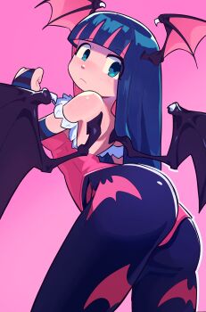 1girl ass bat-print_stockings bat_wings capcom darkstalkers detached_sleeves lilith_(darkstalkers)_(cosplay) long_hair panty_&amp;_stocking_with_garterbelt stocking_(psg) striped_sleeves wings