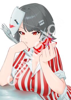 absurdres black_hair breast_rest breasts breasts_on_table cleavage cosplay dead_by_daylight ellen_joe fork hair_ornament highres holding holding_fork holding_knife knife large_breasts looking_to_the_side mask mask_on_head middle_finger multicolored_hair pout purple_hair red_eyes shark_girl simple_background sunoyukey the_legion_(dead_by_daylight) the_legion_(dead_by_daylight)_(cosplay) white_background zenless_zone_zero